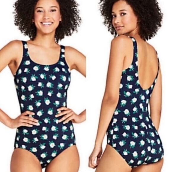 Draper James x Lands End One Piece Swimsuit Sz 4 Deep Sea & White Magnolia - Picture 1 of 5